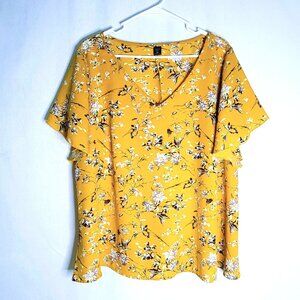 Shein Curve Women's 2XL Blouse Yellow Floral Lightweight Flutter Sleeve